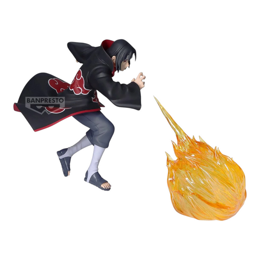 Figurine Itachi Uchiha II Effectreme – Naruto Shippuden, en pleine attaque avec effet de flammes translucides.