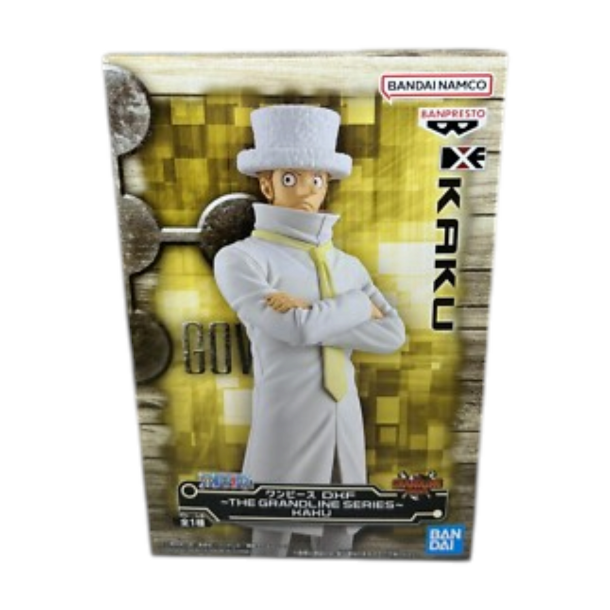 Boîte de la figurine Kaku Egghead The Grandline Series – One Piece, avec illustration du personnage en tenue blanche.