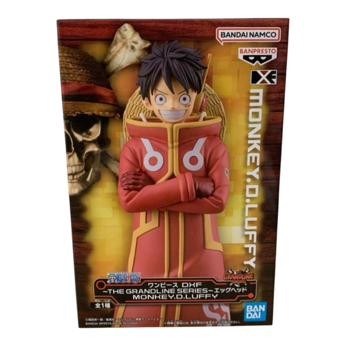 Boîte de la figurine Monkey D. Luffy Egghead The Grandline Series – One Piece, avec visuel du personnage en manteau rouge.