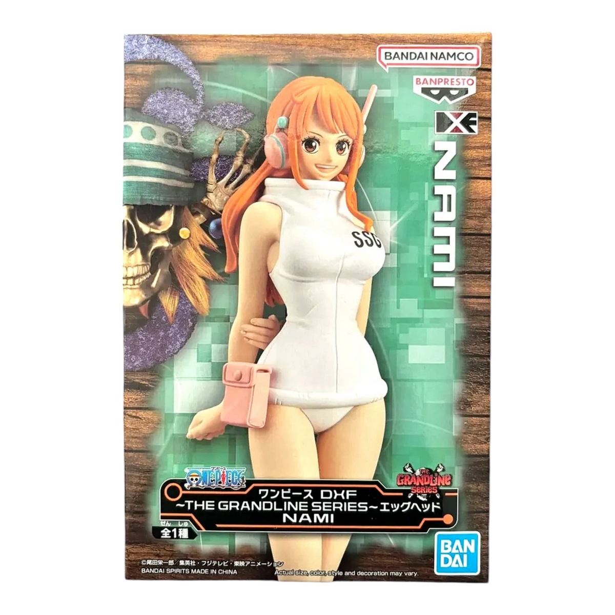 Boîte de la figurine Nami tenue Egghead The Grandline Series – One Piece, avec illustration du personnage.