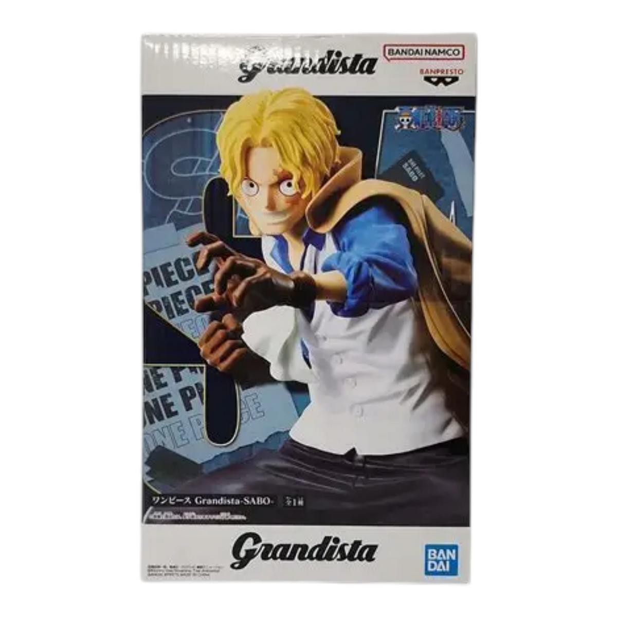 Boîte de la figurine Sabo Grandista – One Piece, avec illustration du personnage en posture de combat.