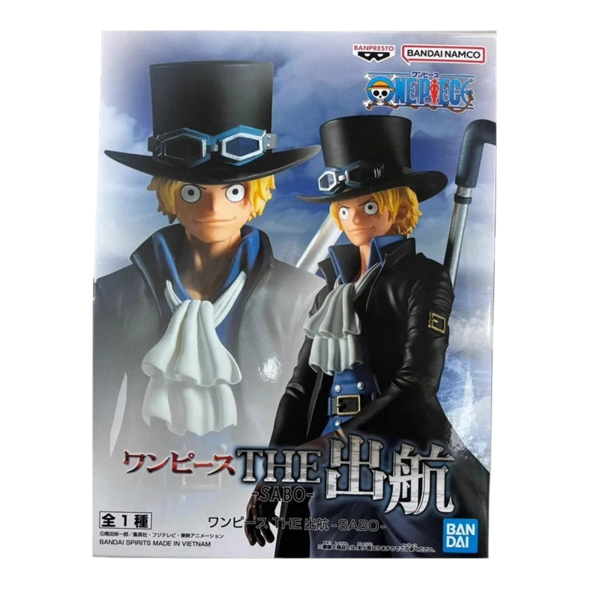 Boîte de la figurine Sabo The Shukko – One Piece, illustrée avec le personnage portant son chapeau et son manteau.
