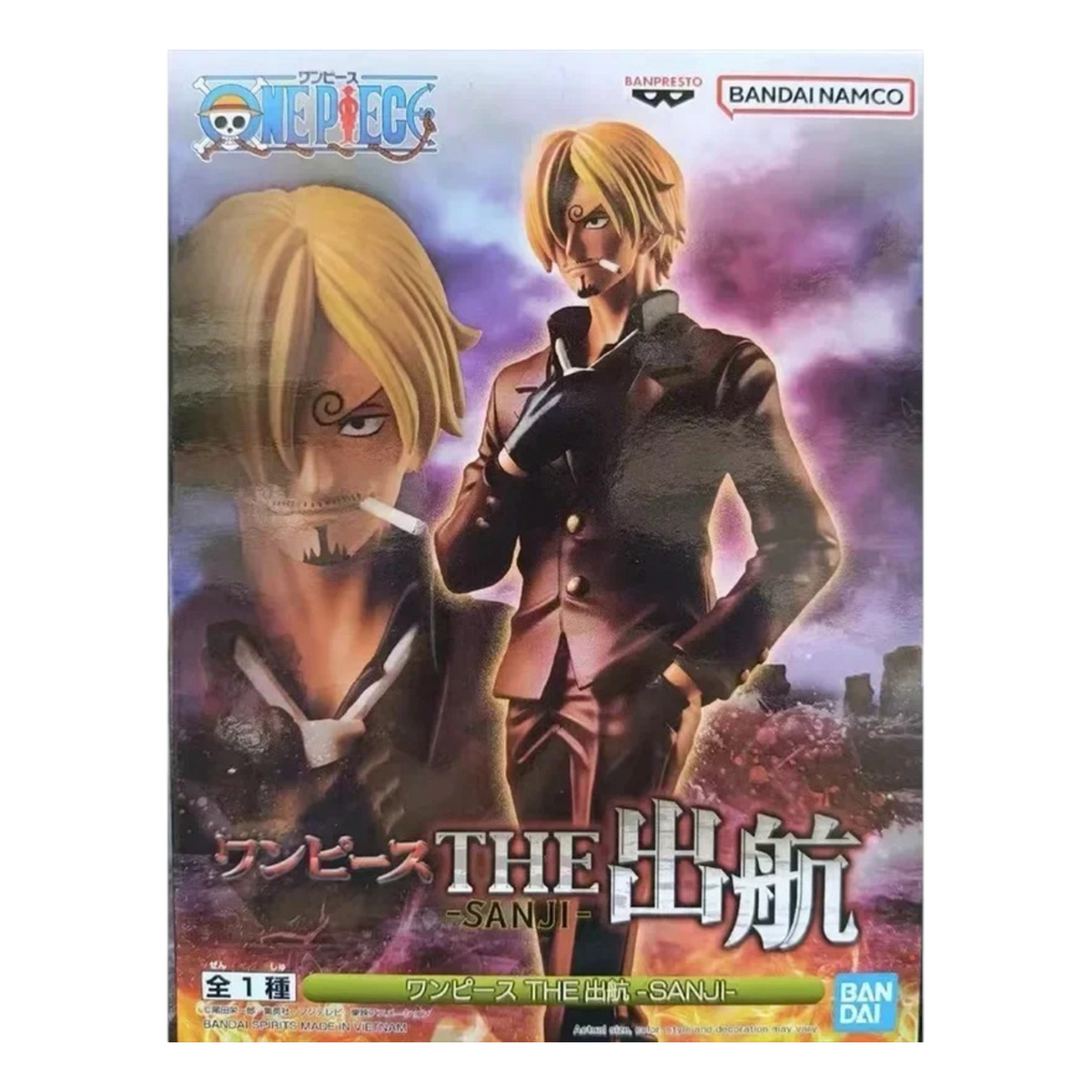 Boîte de la figurine Sanji The Shukko – One Piece, avec le cuisinier en costume bordeaux ajustant son col.