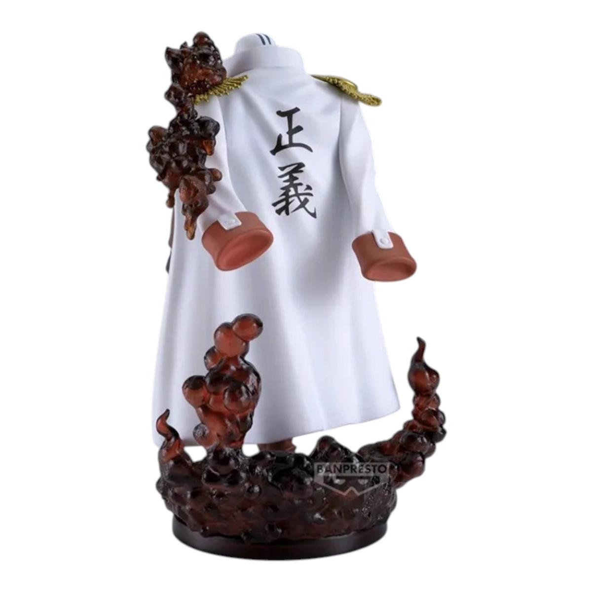 Figurine Sakazuki Akainu Logia Special Edition The Shukko – One Piece, vue arrière avec cape Marine et effets de magma.