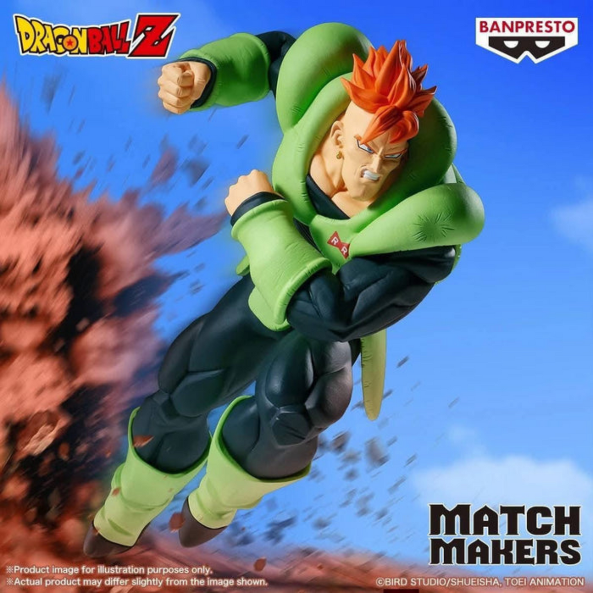 Figurine C-16 Android 16 (VS Cell) Match Makers – Dragon Ball Z, en posture d'attaque dynamique avec armure verte.