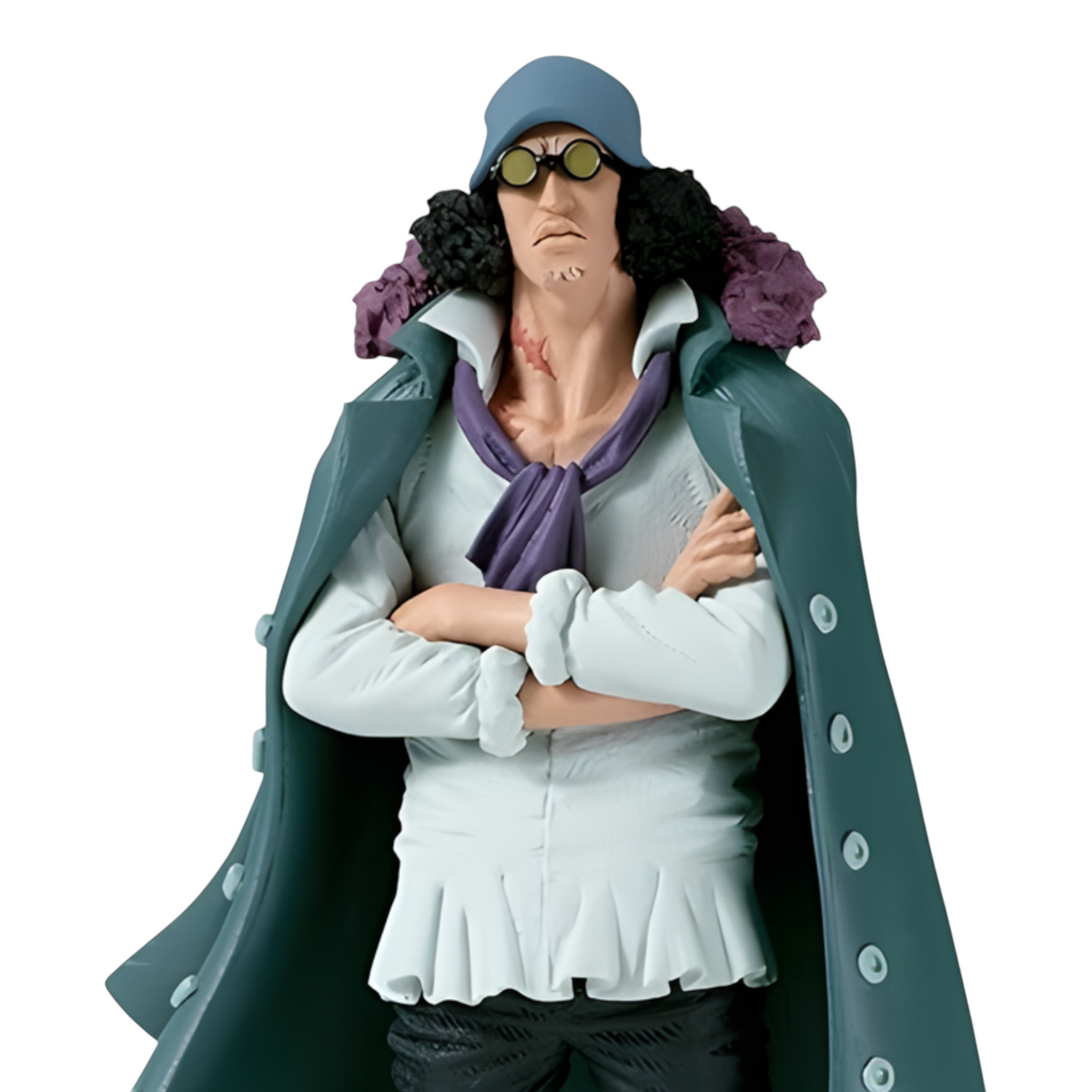Figurine Kuzan Aokiji King of Artist – One Piece, portant son manteau d'amiral et ses lunettes caractéristiques.