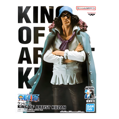 Boîte de la figurine Kuzan Aokiji King of Artist – One Piece, avec le personnage en manteau bleu et lunettes.