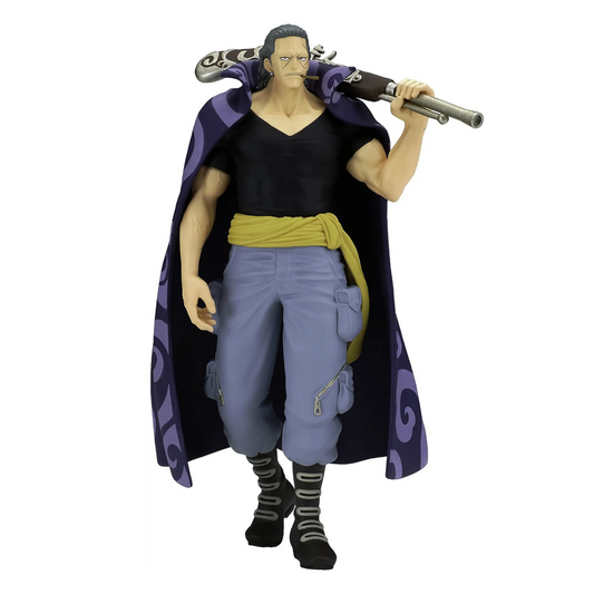 Figurine Ben Beckman The Shukko – One Piece, marchant avec son fusil sur l'épaule et son manteau violet à motifs.