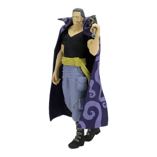 Figurine Ben Beckman The Shukko – One Piece, debout avec son fusil sur l'épaule et son long manteau violet à motifs.