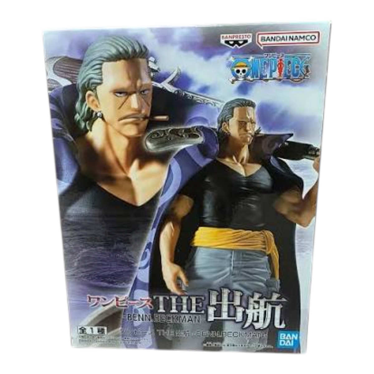 Boîte de la figurine Ben Beckman The Shukko – One Piece, avec illustration du personnage et son fusil sur l'épaule.