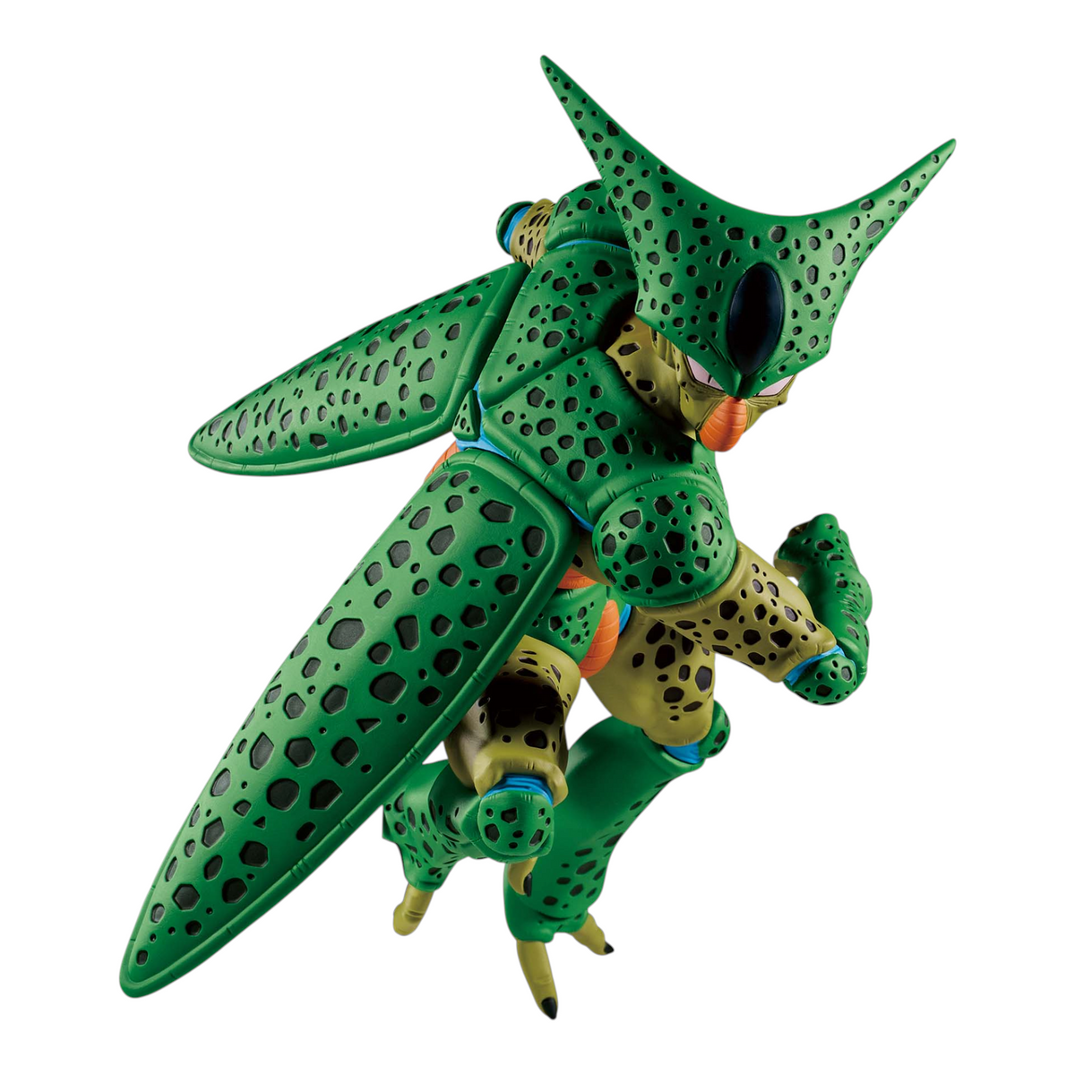Figurine Cell Première Forme Match Makers – Dragon Ball Z, en posture d'attaque aérienne dynamique avec sa longue queue.