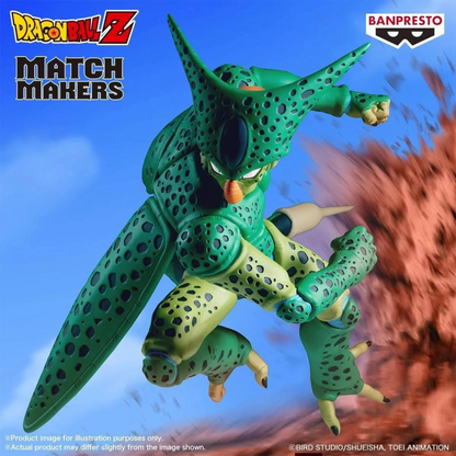 Figurine Cell Première Forme Match Makers – Dragon Ball Z, en posture d'attaque aérienne dynamique.
