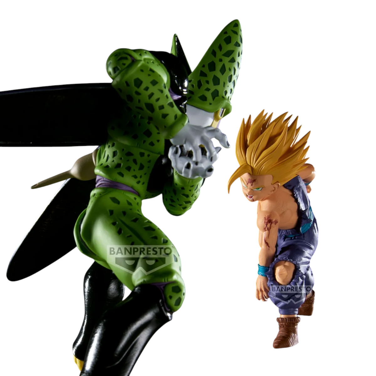 Figurine Cell Forme Parfaite et Son Gohan Super Saiyan Match Makers – Dragon Ball Z, en pleine posture de combat.