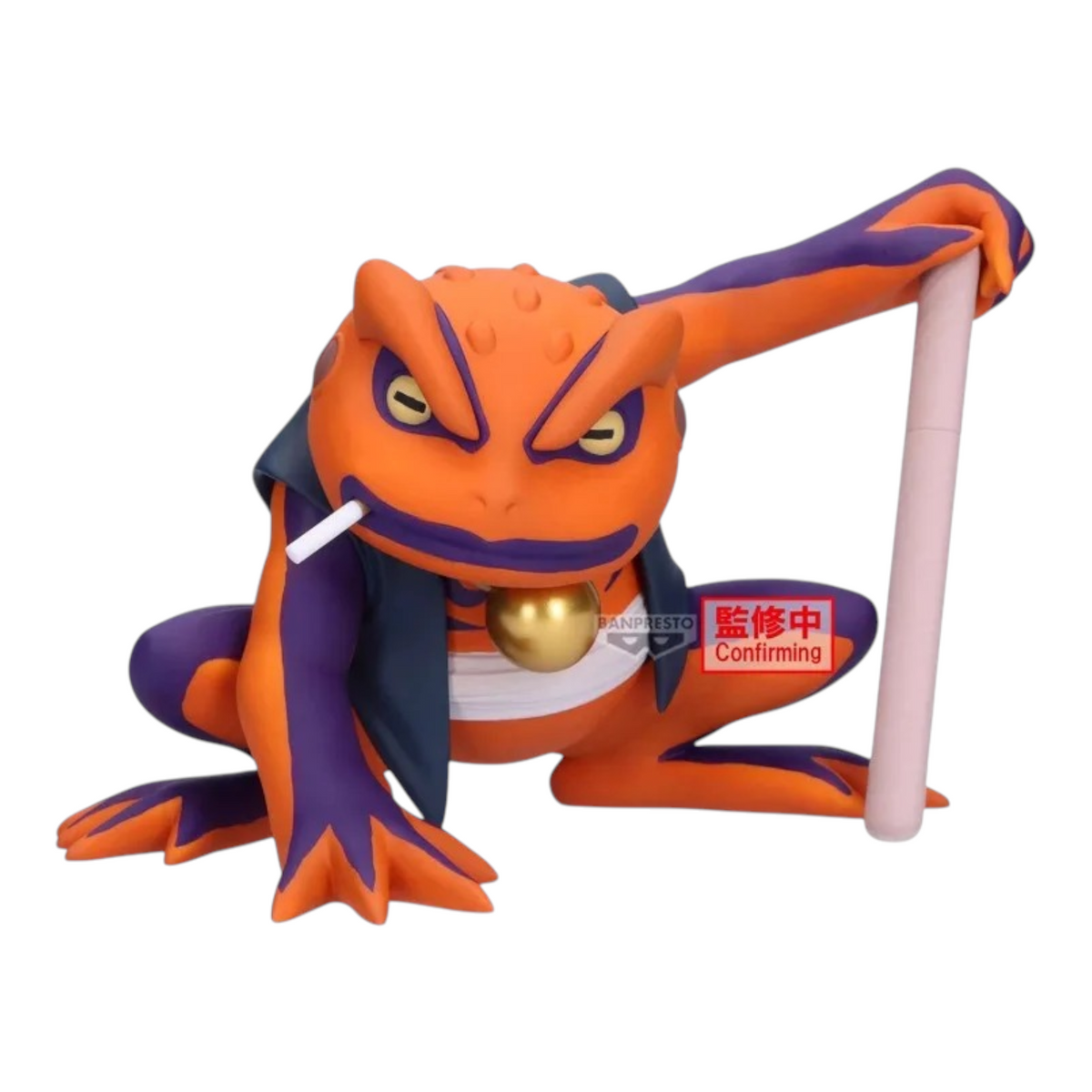 Figurine Gamakichi Soft Vinyl Figure – Naruto Shippuden, en posture accroupie avec sa cigarette et son arme.
