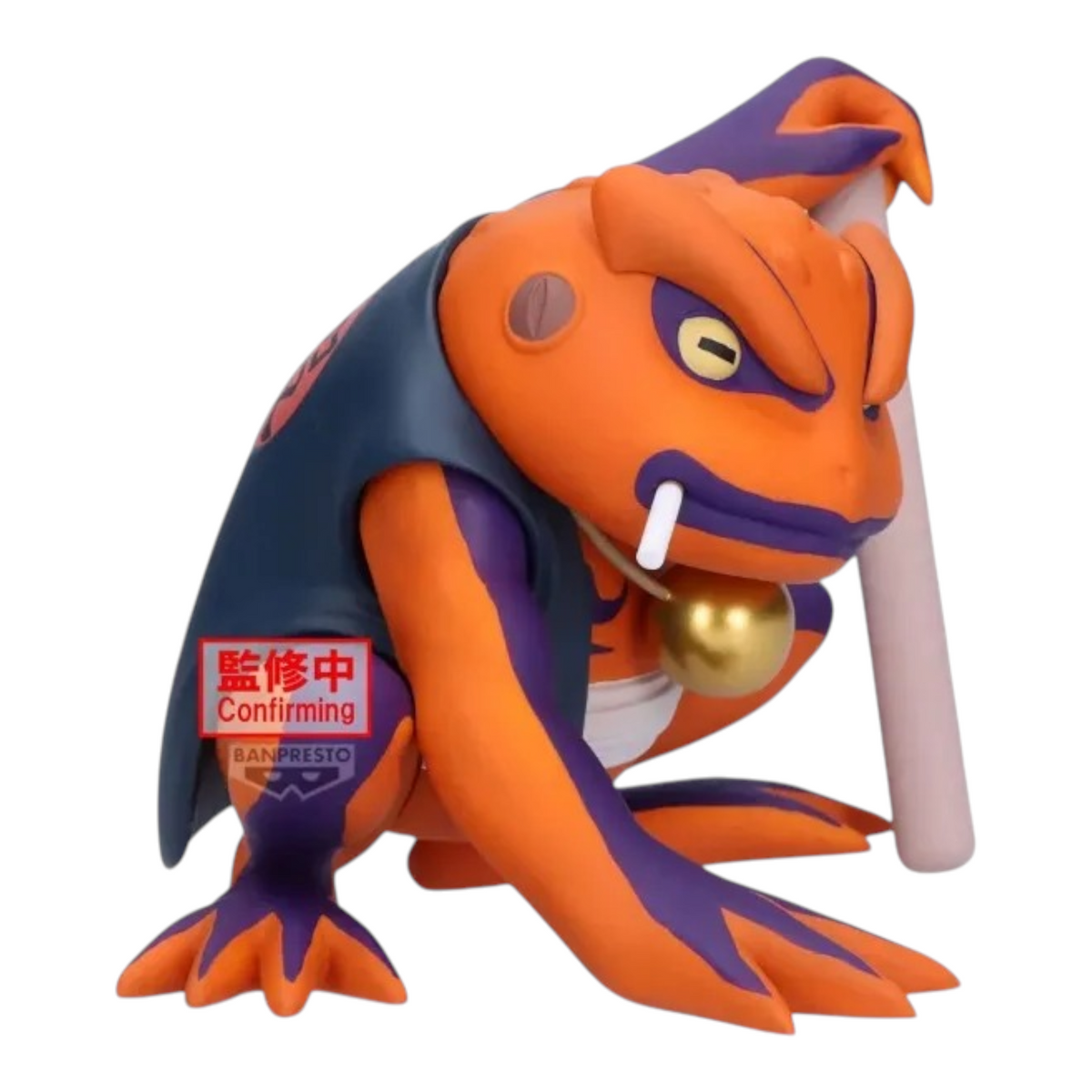 Figurine Gamakichi Soft Vinyl Figure – Naruto Shippuden, en posture accroupie avec sa cigarette et son arme.
