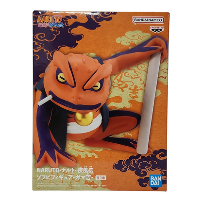 Boîte de la figurine Gamakichi Soft Vinyl Figure – Naruto Shippuden, avec le crapaud ninja orange et sa cigarette.