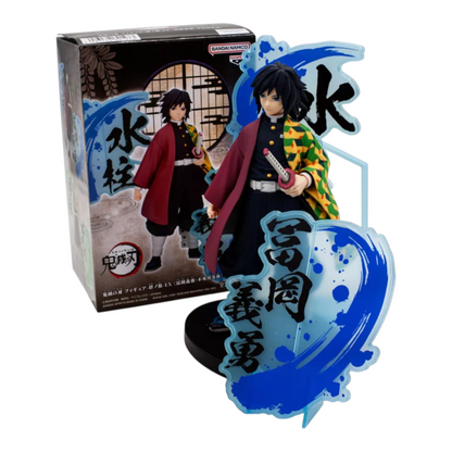 Figurine Giyu Tomioka Kizuna no Sou EX – Demon Slayer, avec ses éléments décoratifs bleus et sa boîte d'origine.