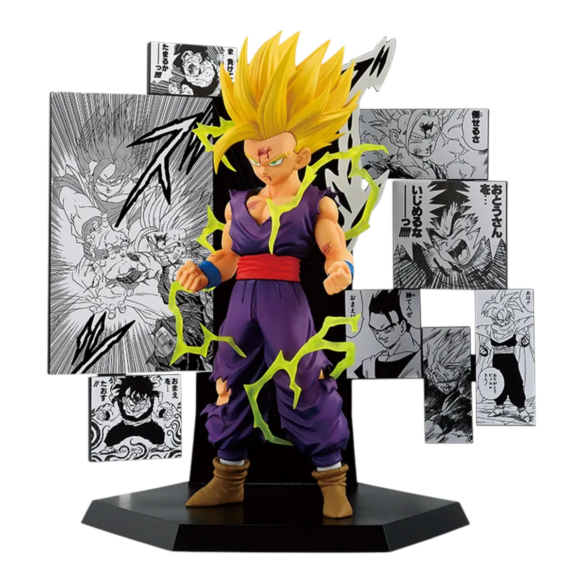 Figurine Gohan Super Saiyan 2 Ichiban Kuji Dragon Ball 40th Part 2 – Dragon Ball, avec décor de cases manga et éclairs.