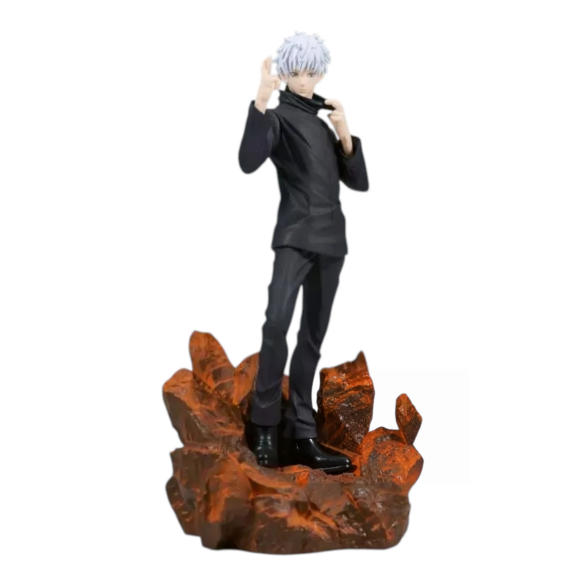 Figurine Satoru Gojo Combination Battle 4 – Jujutsu Kaisen, debout sur un socle rocheux orangé, mains levées.