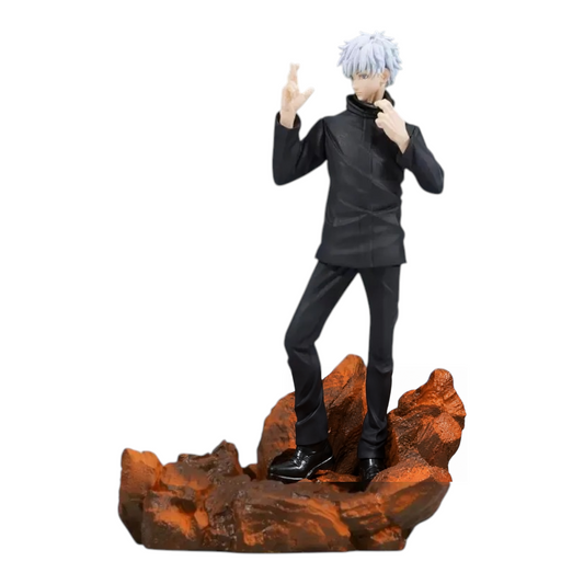 Figurine Satoru Gojo Combination Battle 4 – Jujutsu Kaisen, debout sur un socle rocheux orangé en posture de combat.