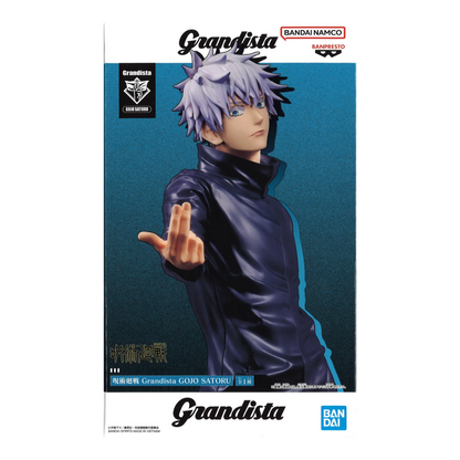 Boîte de la figurine Gojo Satoru Grandista – Jujutsu Kaisen, avec visuel du personnage en tenue noire.