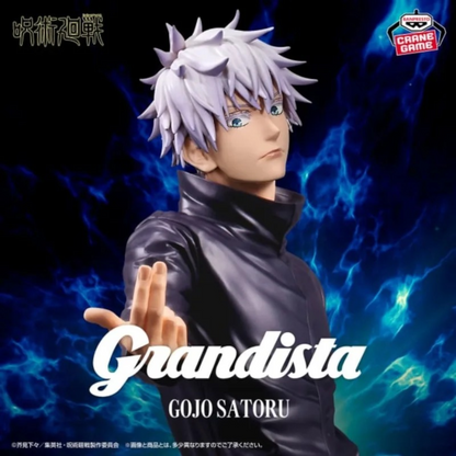 Figurine Gojo Satoru Grandista – Jujutsu Kaisen, personnage aux cheveux blancs en tenue noire, main tendue vers l'avant.