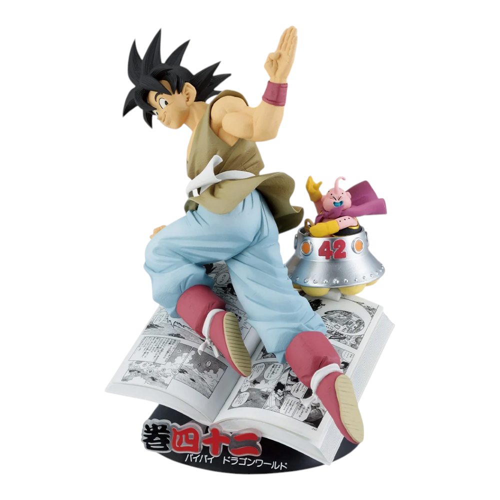 Figurine Goku Ichiban Kuji Dragon Ball 40th Part 1 Lot B – Dragon Ball, sur un manga ouvert avec Majin Buu.