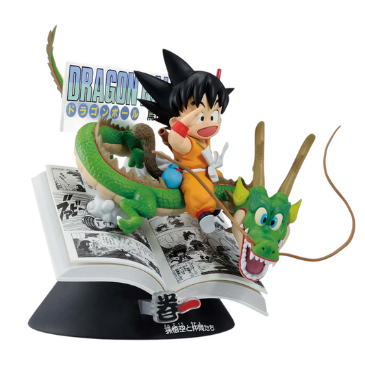 Figurine Son Goku enfant Ichiban Kuji 40th Anniversary Part 1 – Dragon Ball, chevauchant Shenron sur un manga ouvert.
