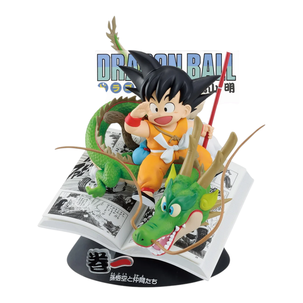 Figurine Son Goku enfant Ichiban Kuji Dragon Ball 40th Part 1 A Prize – Dragon Ball, chevauchant Shenron sur un manga.