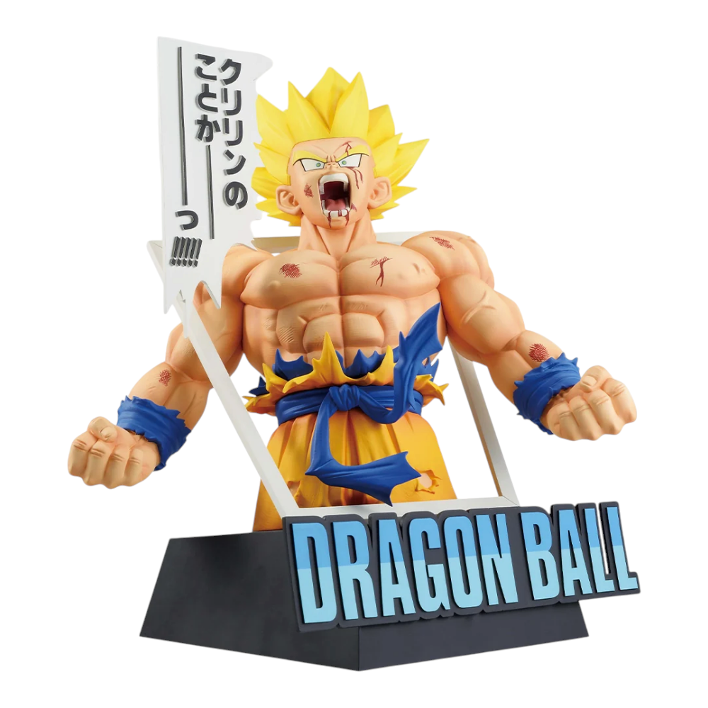 Figurine Son Goku Super Saiyan Ichiban Kuji 40th Part 1 Last One Prize – Dragon Ball, avec bulle de dialogue manga.