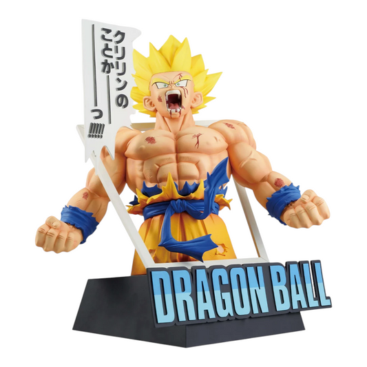 Figurine Son Goku Super Saiyan Ichiban Kuji 40th Part 1 Last One Prize – Dragon Ball, avec bulle de dialogue manga.
