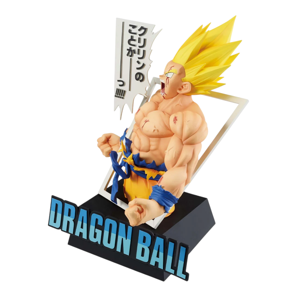 Figurine Goku Super Saiyan Ichiban Kuji Dragon Ball 40th Last One Prize, avec bulle de dialogue et décor manga.