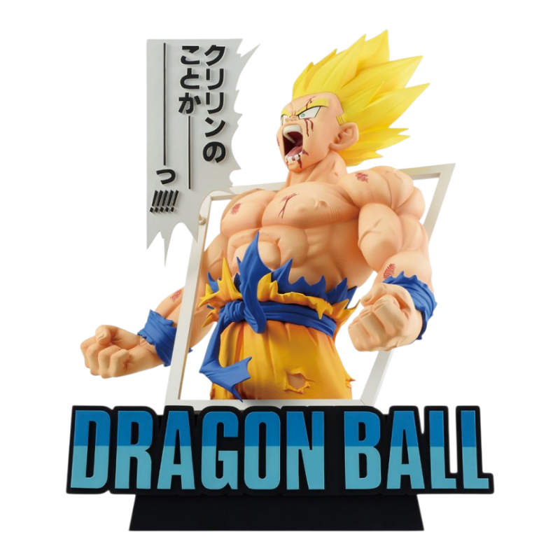 Figurine Goku Super Saiyan Ichiban Kuji Dragon Ball 40th Part 1 Last One Prize – Dragon Ball, avec bulle de dialogue.