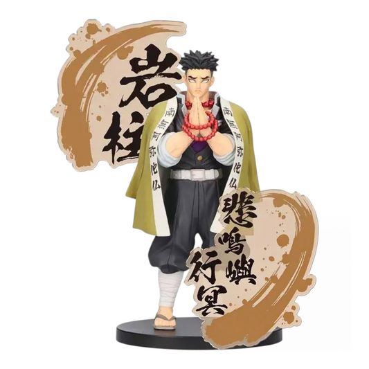 Figurine Gyomei Himejima Kizuna no Sou EX – Demon Slayer, en posture de prière avec éléments décoratifs calligraphiés.
