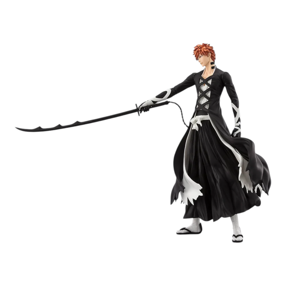 Figurine Ichigo Kurosaki MAXIMATIC – Bleach, debout tenant son zanpakutō noir avec son uniforme de Shinigami.
