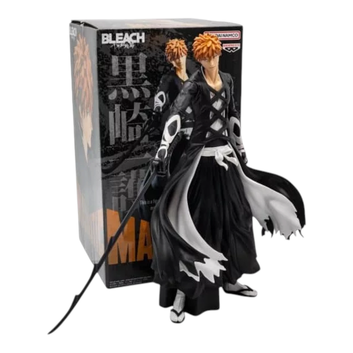 Figurine Ichigo Kurosaki MAXIMATIC – Bleach, debout avec son zanpakutō noir devant sa boîte officielle.