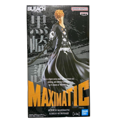 Boîte de la figurine Ichigo Kurosaki MAXIMATIC – Bleach, illustrée avec le personnage en tenue de Shinigami.