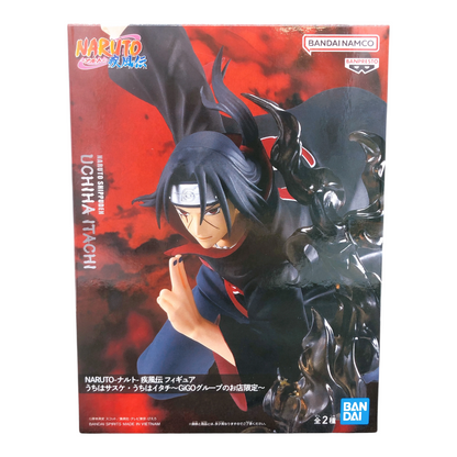 Boîte de la figurine Itachi Uchiha GiGO Exclusive Banpresto – Naruto Shippuden, avec visuel du personnage en combat.