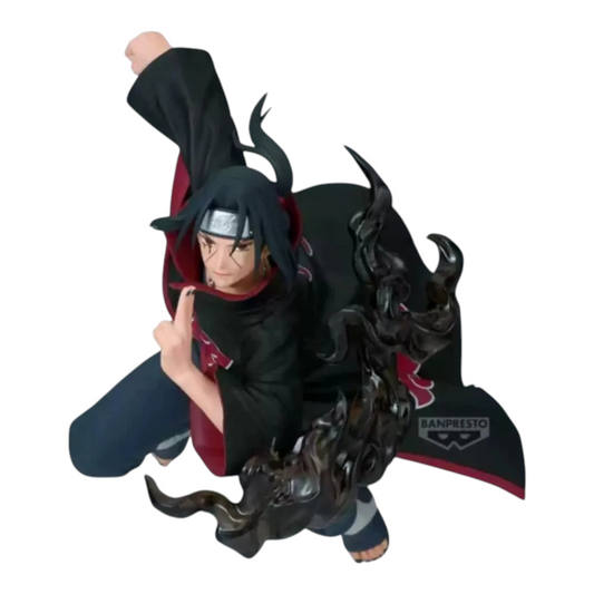 Figurine Itachi Uchiha GiGO Exclusive – Naruto Shippuden, en posture de combat avec effet sombre tourbillonnant.