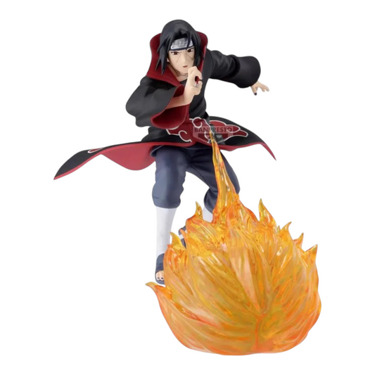 Figurine Itachi Uchiha II Effectreme – Naruto Shippuden, en pleine attaque avec un effet de flammes translucides.