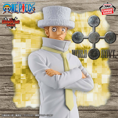 Figurine Kaku Egghead The Grandline Series – One Piece, debout les bras croisés en costume blanc et haut-de-forme.