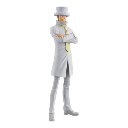 Figurine Kaku Egghead The Grandline Series – One Piece, debout les bras croisés en costume blanc et haut-de-forme.