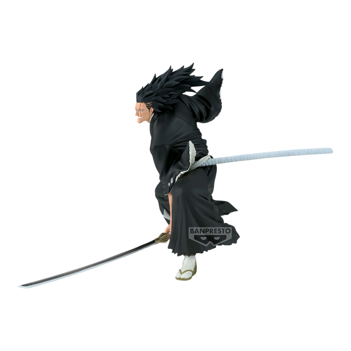 Figurine Kenpachi Zaraki Vibration Stars – Bleach, en posture de combat dynamique avec son zanpakutō dirigé vers le sol.
