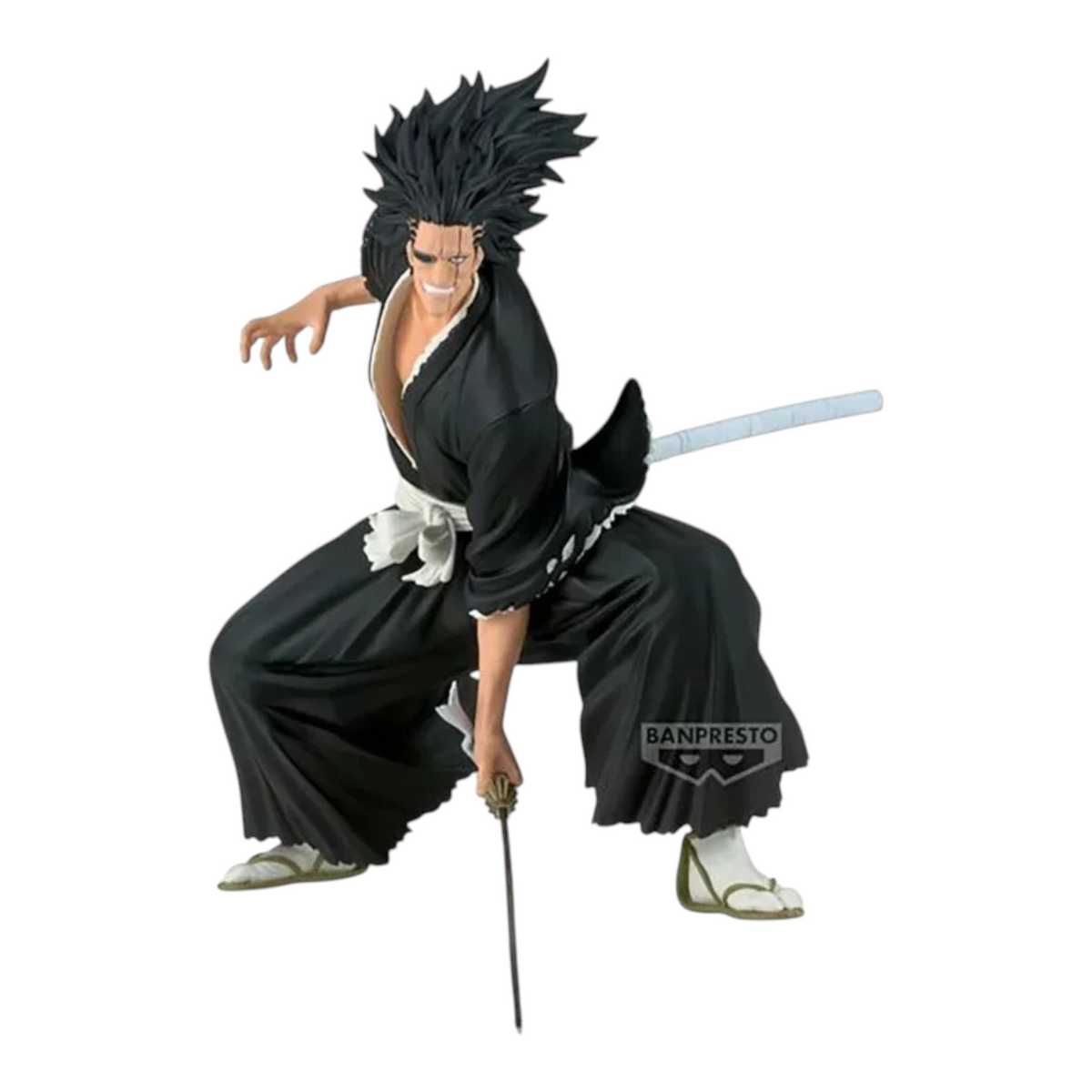 Figurine Kenpachi Zaraki Vibration Stars – Bleach, en posture de combat dynamique avec son zanpakutō dirigé vers le sol.