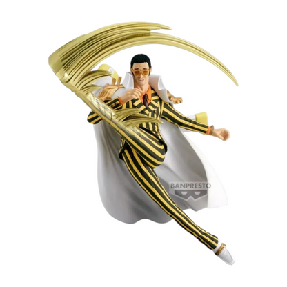 Figurine Borsalino Kizaru Battle Record Collection – One Piece, en pleine attaque avec effets lumineux dorés.