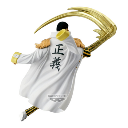 Figurine Borsalino Kizaru Battle Record Collection – One Piece, en pleine attaque avec son épée de lumière dorée.