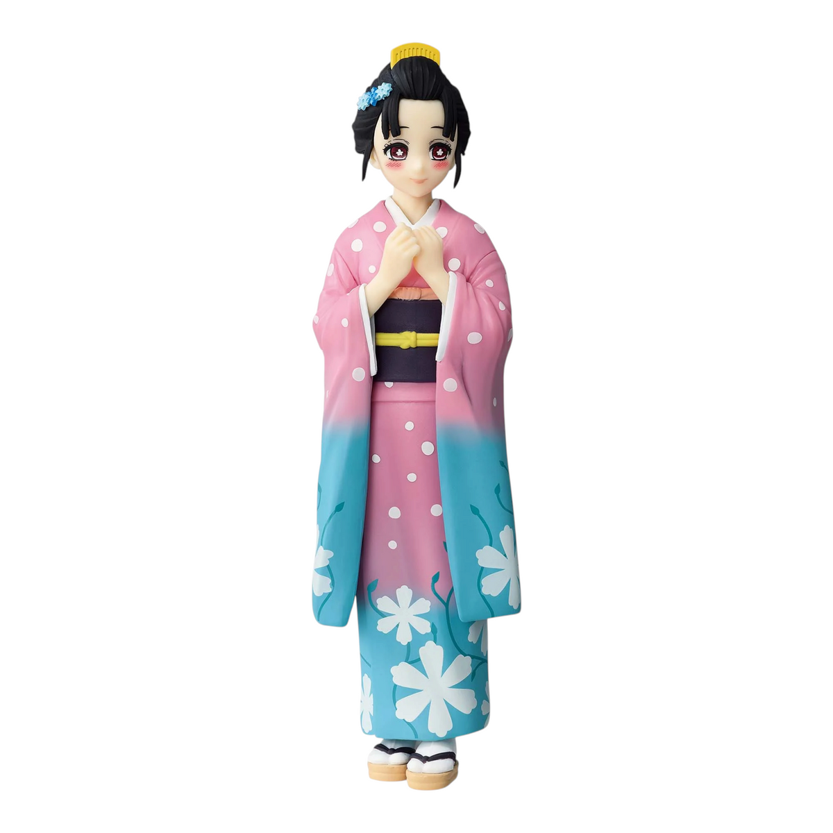 Figurine Koyuki Kizuna no Sou – Demon Slayer, portant un kimono rose et bleu à motifs floraux, mains sur la poitrine.