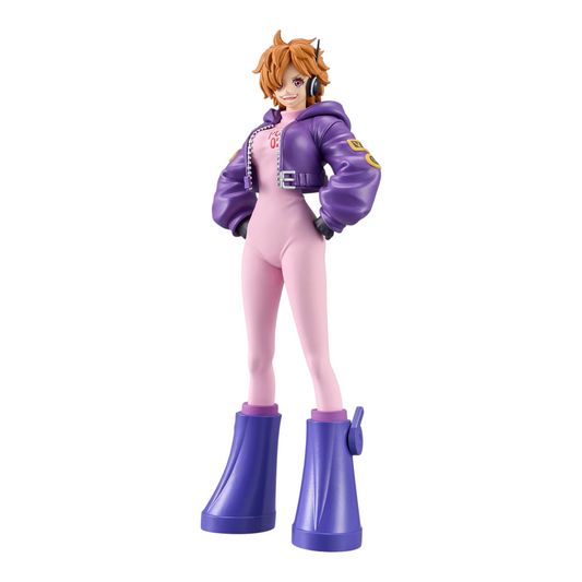Figurine Lilith The Grandline Series – One Piece, debout avec sa combinaison rose et sa veste violette.