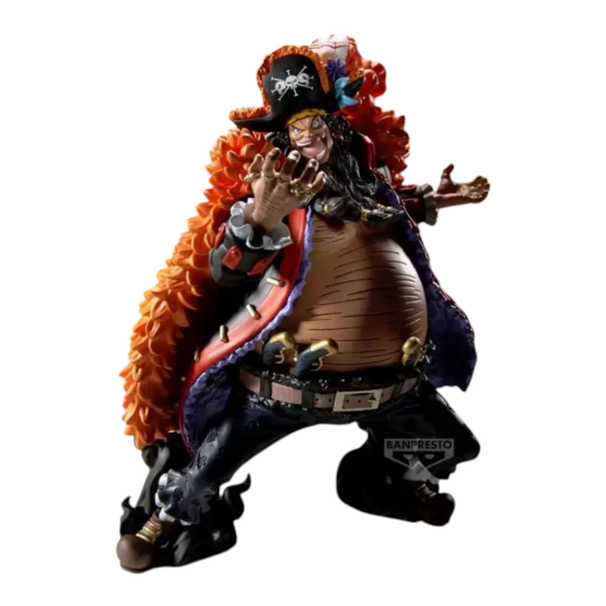 Figurine Marshall D. Teach Grandista – One Piece, posture de combat menaçante avec manteau orange et chapeau à tête de mort.