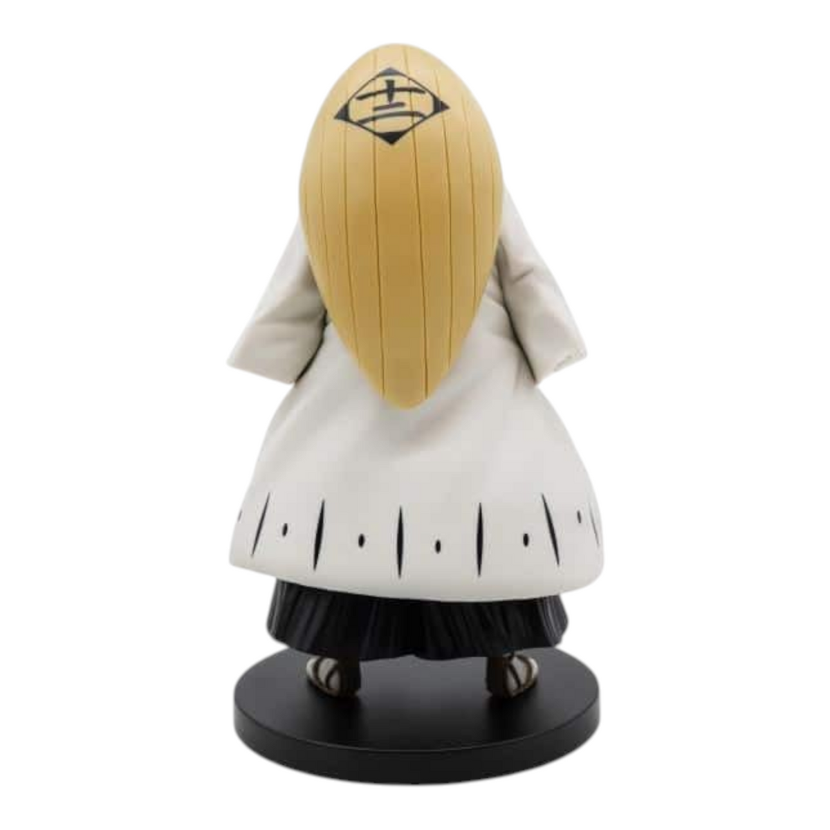 Figurine Mayuri Kurotsuchi Solid and Souls – Bleach, vue de dos montrant sa coiffe dorée et son haori blanc de capitaine.